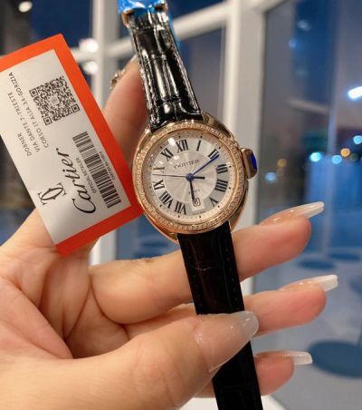 Cartier Crocodile Leather Strap 31MM Swiss Quartz Movement with Diamond Women White Watch